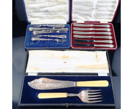 3 cased sets of silver cutlery, including silver-bladed ivory-handled fish severs, hallmarks Birmingham 1924Lot sold as seen 