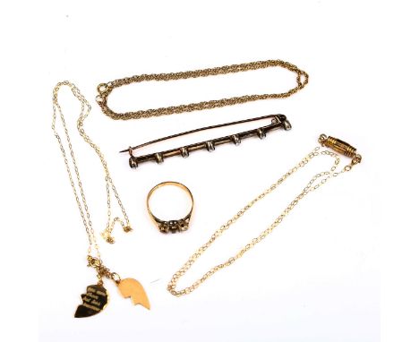 Various jewellery, including rose-cut diamond line bar brooch, 3.7g, 9ct gold ring mount, 1.6g, 9ct chain, 2.4g, and 2 other 