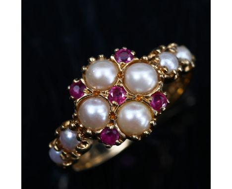 A 14ct gold ruby and pearl panel ring, in Edwardian style, hallmarks Birmingham 1992, setting height 11.5mm, size P, 3.6gNo d