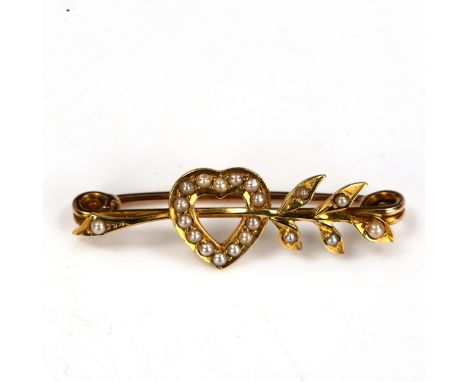 A Victorian unmarked gold and split-pearl heart and arrow brooch, brooch length 35.7mm, 2.7gNo damage or repairs, all stones 