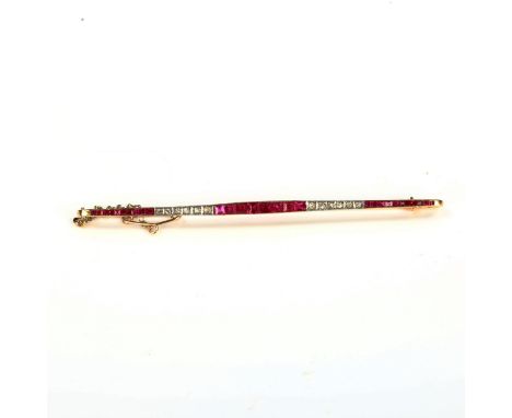 An Art Deco French ruby and diamond line brooch, unmarked gold settings with calibre-cut rubies and rose-cut diamonds, brooch