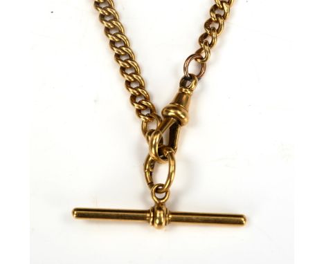 An Antique 18ct gold curb link Albert chain necklace, with dog clip and T-bar, maker's marks M and M, length 40cm, 33.3gNo da