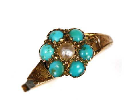 A mid-19th century gold turquoise and pearl memorial ring, foliate engraved shoulders, hallmarks London 1841, setting height 