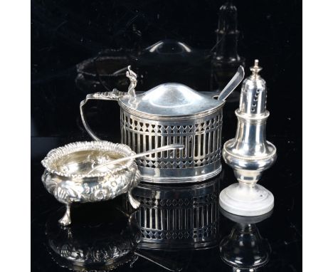 Various silver, including mustard pot frame, salt cellar, baluster pepperette etc, 5.8oz totalLot sold as seen unless specifi