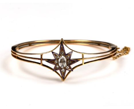 A Victorian rose-cut diamond and blue enamel star hinged bracelet/bangle, unmarked gold settings with central 8-rayed star mo