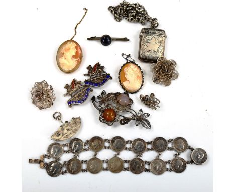 Various jewellery, including graduated curb link Albert chain, Vesta case, threepence coin bracelet, the Buffs brooches etcLo