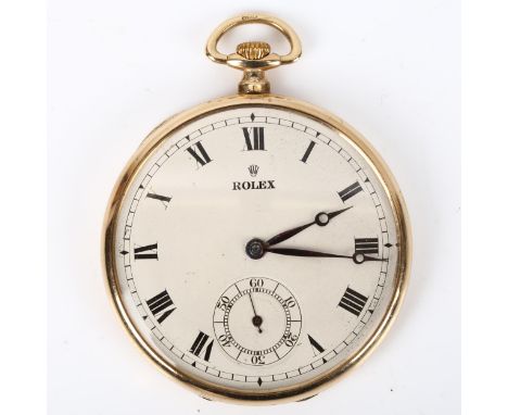 ROLEX - an Art Deco 9ct gold open-face keyless-wind slimline pocket watch, silvered dial with Roman numerals, subsidiary seco