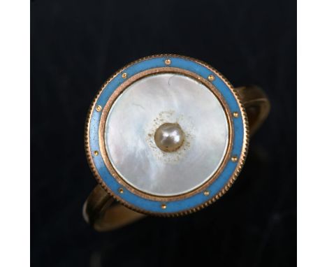 An Art Deco pearl enamel and mother-of-pearl button ring, unmarked gold settings, diameter 14.6mm, size L, 2.6gRing has been 