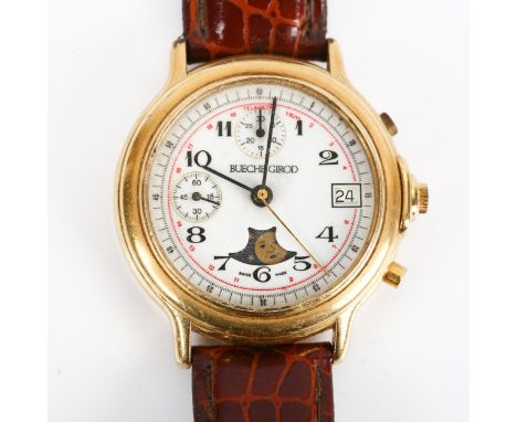 BUECHE GIROD - a gold plated Moonphase mechanical chronograph wristwatch, white dial with Arabic numerals, 2 subsidiary dials