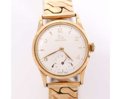 RECORD - a Vintage 9ct gold mechanical bracelet watch, silvered dial with eighthly Arabic numerals and subsidiary seconds dia