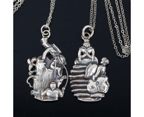 CARL M COHR - 2 Danish sterling silver fairytale pendant necklaces on sterling chains, pendant height excluding bale 43.2mm, 