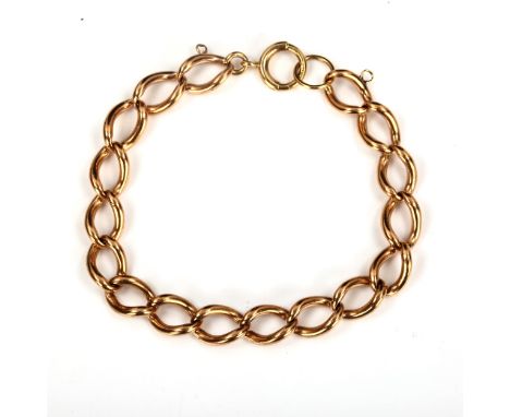 An Antique 9ct rose gold curb link chain bracelet, hallmarks Chester 1911, length 18cm, 26.7gNo damage or repair, spring clas