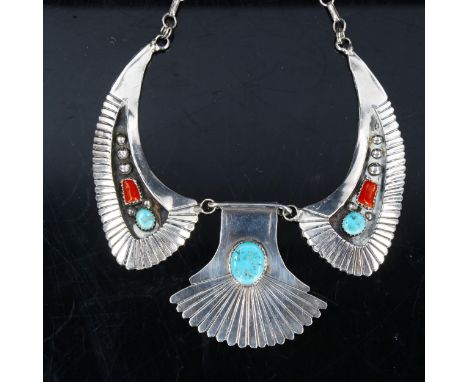 ELLA COWBOY - a Native American Navajo sterling silver turquoise and coral bib necklace, length 42cm, 51.3gA few light dents 