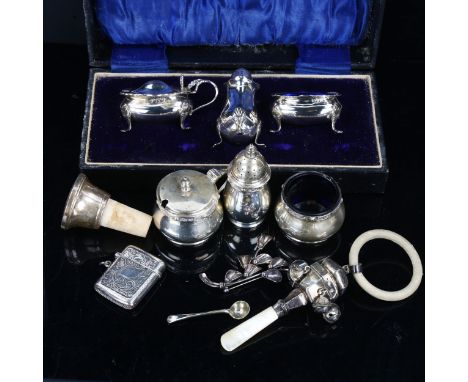 Various silver, including cased cruet set, Danish stylised brooch, Vesta case, mother-of-pearl baby rattle, bottle stopper et