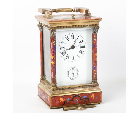 A large Chinoiserie cloisonne enamel brass repeater carriage clock, white enamel dial with Roman numerals, sweep centre secon