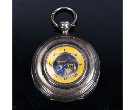 A rare late Victorian novelty silver combination pocket barometer and compass, the lid with inset compass opening to reveal m