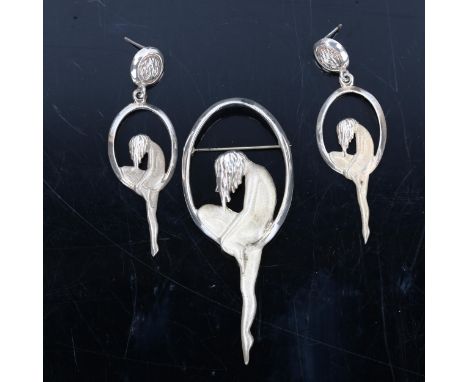 MOLINA for TAXCO - a Vintage Mexican sterling silver figural matching brooch and earring set, depicting nude lady within hoop