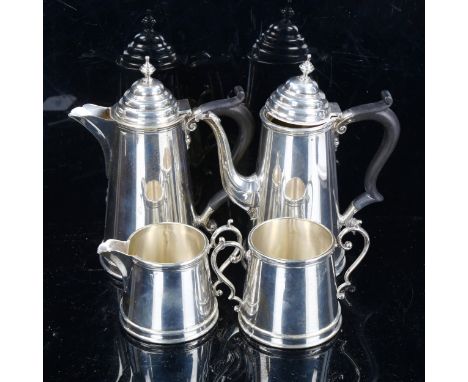 A George VI silver 4-piece bachelor's tea and coffee set, comprising teapot, hot water jug, 2-handled sugar bowl and cream ju