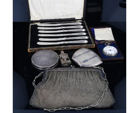 Various silver and plate, including pocket watch, compacts, butter knives etcLot sold as seen unless specific item(s) request