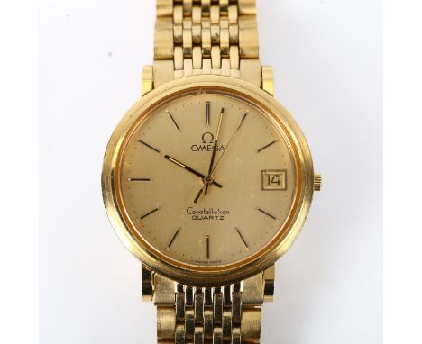 OMEGA - a gold plated Constellation quartz bracelet watch, ref. 196.0138, champagne dial with gilt baton hour markers, sweep 