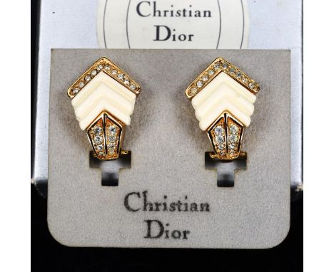CHRISTIAN DIOR - a pair of Vintage gold plated stone set chevron clip-on earrings, earring height 24.1mm, 3.9g, boxedNo damag