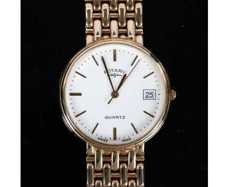 ROTARY - a 9ct gold quartz bracelet watch, white dial with gilt baton hour markers, sweep centre seconds hand, date aperture 