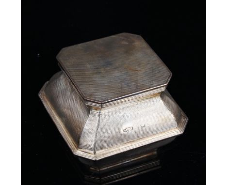 ASPREY - a large George V Art Deco silver desk inkwell, allover engine turned decoration with glass fitted interior, by Aspre