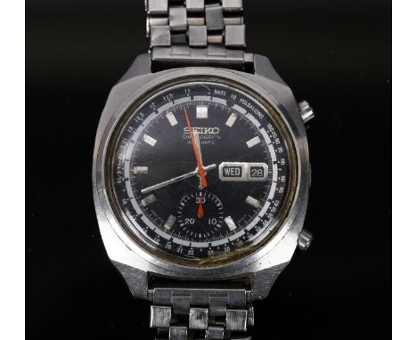 SEIKO - a Vintage stainless steel 'Pulsations' automatic chronograph bracelet watch, ref. 6139-6022, circa 1970s, black dial 