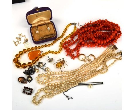 Various jewellery, including 9ct gold Creole earrings, novelty spider brooch, coral necklace etcLot sold as seen unless speci