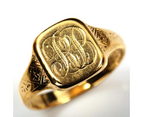 A large 18ct gold signet ring, with engraved shoulders, maker's marks AC Co, hallmarks Birmingham 1938, setting height 13.8mm