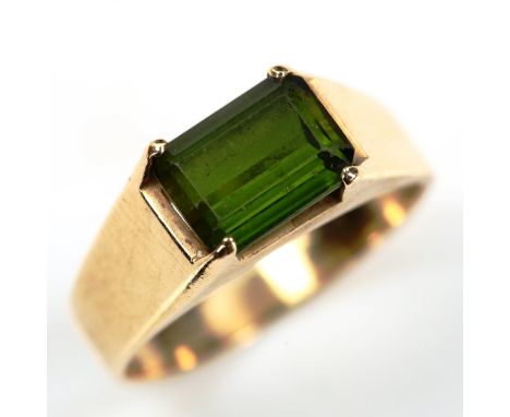 A Continental 14ct gold green tourmaline dress ring, set with emerald step cut tourmaline, stone measures 9.02 x 6.79 x 4.82m