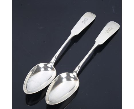 A pair of Russian 84 zolotnik standard silver Fiddle pattern tablespoons, length 22cm, 4.6ozNo damage or repair, handles have