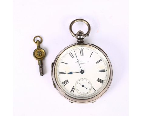 A 19th century silver cased open-face key-wind pocket watch, by J W Benson, white enamel dial with Roman numerals, blued stee