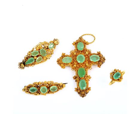 A Georgian chrysoprase demi-parure, comprising large cross pendant, ring and 2 brooches, circa 1830, unmarked yellow metal se