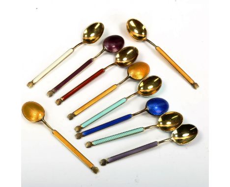 ANTON MICHELSEN - a set of 10 Danish vermeil sterling silver and harlequin enamel coffee spoons, length 10cmNo major damage o