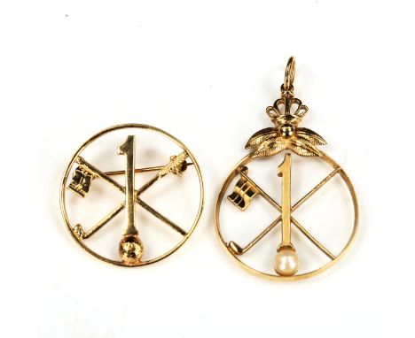 2 late 20th century 9ct gold First Place golf medals, comprising pendant and brooch, pendant height 41.7mm, 9.4g total (2) No