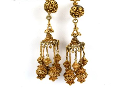 A pair of Antique 9ct gold chandelier earrings, wirework design with screw-back fittings, earring height 45.7mm, 8.7gBoth ear