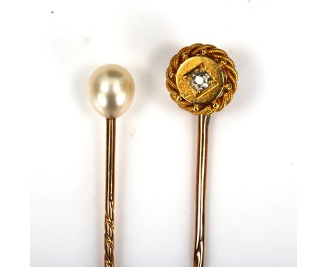 2 Antique stick pins, comprising diamond and pearl, pearl diameter 6mm, 3.2g total (2)No damage or repair, both unmarked 