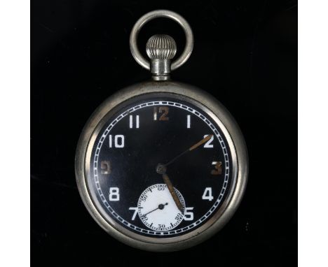 A Second World War Period steel GSTP Military issue open-face keyless-wind pocket watch, black dial with Arabic numerals, sub