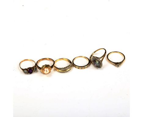 6 gold stone set rings, comprising 18ct diamond double row (3.5g), 14ct diamond half eternity (1.7g) and 4 x 9ct rings (8.9g)