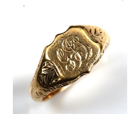 An early 20th century 9ct gold shield signet ring, hallmarks London 1928, setting height 9mm, size K, 3gNo damage or repairs,