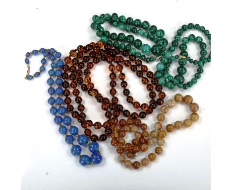 Various bead necklaces, including malachite, and lapis lazuli with 9ct gold clasp (5)&nbsp;Lot sold as seen unless specific i