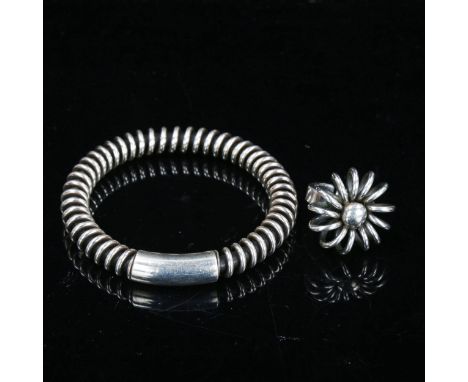 A heavy Danish sterling silver-mounted rubber bangle and a similar sterling ring, bangle internal diameter 5.5cm, ring size N