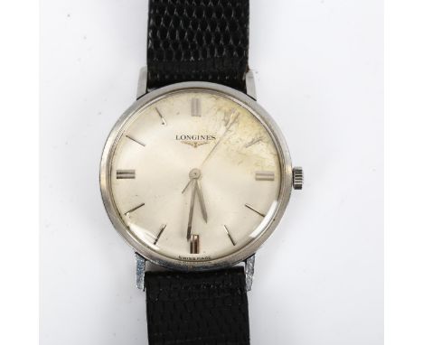 LONGINES - a Vintage stainless steel mechanical wristwatch, silvered dial with baton hour markers and sweep centre seconds ha