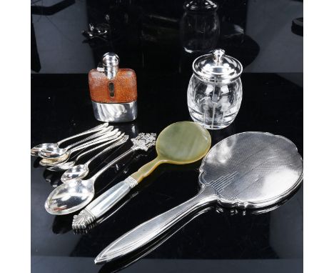 Various silver and plate, including Georg Jensen salad server, small hip flask, teaspoons, preserve jar etcLot sold as seen u