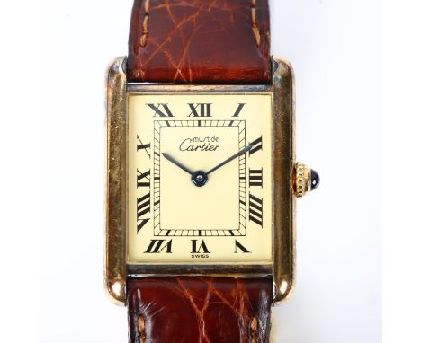 MUST DE CARTIER - a vermeil sterling silver Tank quartz wristwatch, ref. 590005, circa 1995, cream dial with Roman numerals, 