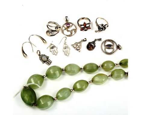 Various silver jewellery and a green hardstone necklaceLot sold as seen unless specific item(s) requested 