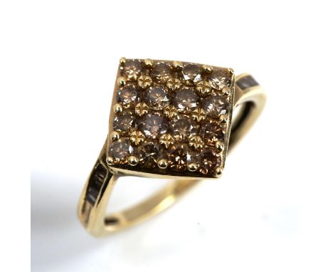 A modern 9ct gold champagne diamond cluster panel ring, total diamond content approx 0.5ct, setting height 14.2mm, size N, 3.