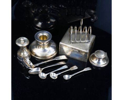 Various silver, including peppermill, cigarette box, desk inkwell, 5-bar toast rack, spoons etc, 4.6oz weighableLot sold as s