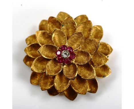 A mid-20th century 18ct gold ruby and diamond flowerhead brooch, set with round-cut gemstones, maker's marks RHB, import hall
